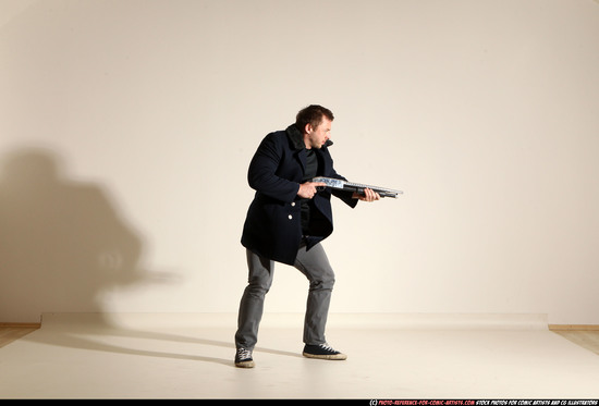 Man Adult Muscular White Moving poses Casual Fighting with shotgun