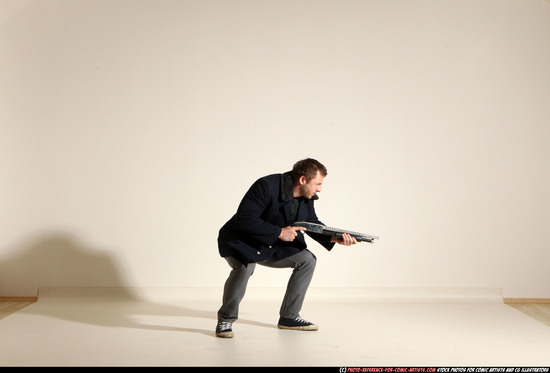 Man Adult Muscular White Moving poses Casual Fighting with shotgun