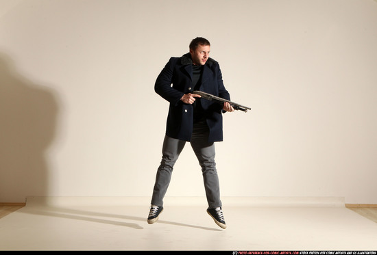 Man Adult Muscular White Moving poses Casual Fighting with shotgun