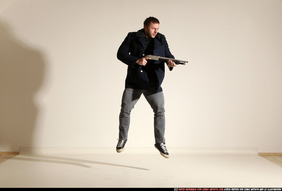 Man Adult Muscular White Moving poses Casual Fighting with shotgun