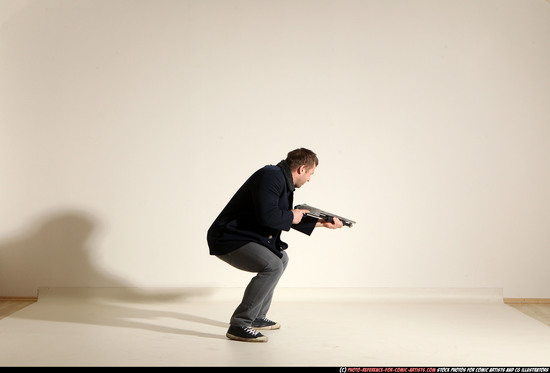 Man Adult Muscular White Moving poses Casual Fighting with shotgun