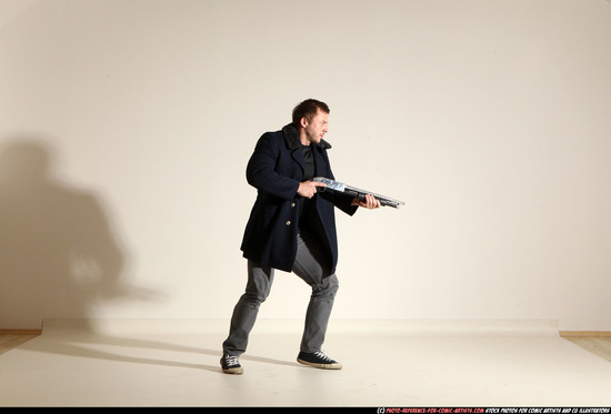 Man Adult Muscular White Moving poses Casual Fighting with shotgun