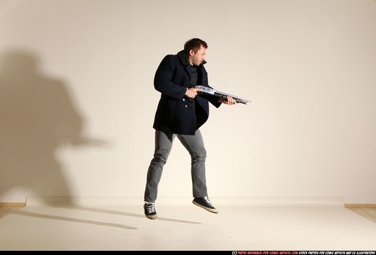 Man Adult Muscular White Moving poses Casual Fighting with shotgun