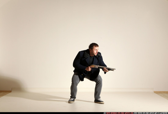 Man Adult Muscular White Moving poses Casual Fighting with shotgun