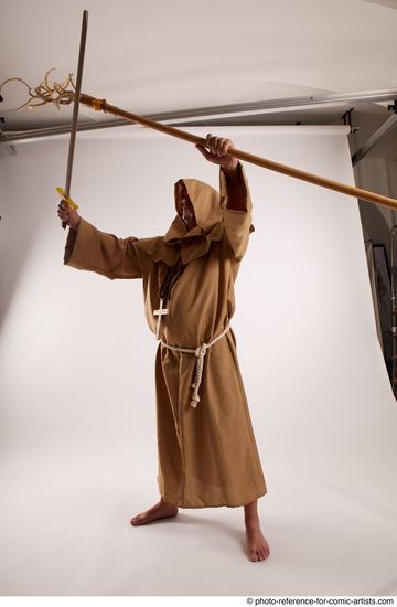 Man Adult Chubby White Fighting with spear Standing poses Coat