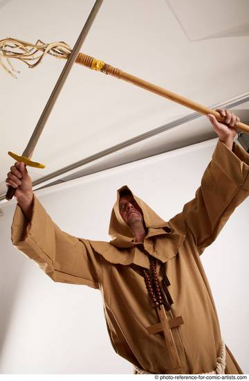 Man Adult Chubby White Fighting with spear Standing poses Coat