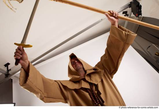 Man Adult Chubby White Fighting with spear Standing poses Coat