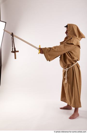 Man Adult Chubby White Fighting with sword Standing poses Coat