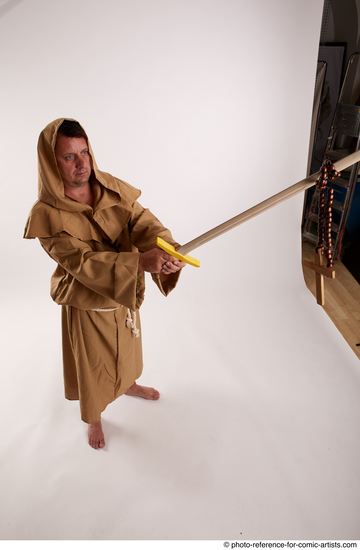 Man Adult Chubby White Fighting with sword Standing poses Coat