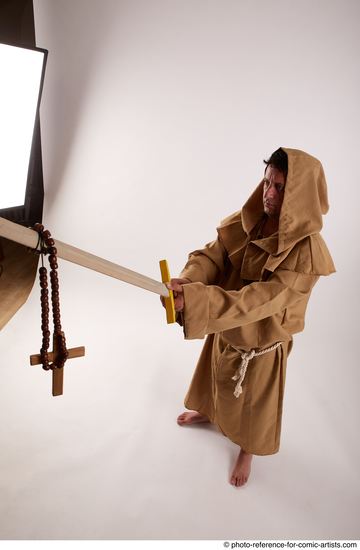 Man Adult Chubby White Fighting with sword Standing poses Coat