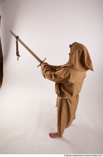 Man Adult Chubby White Fighting with sword Standing poses Coat