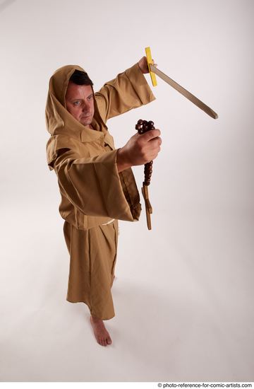 Man Adult Chubby White Fighting with sword Standing poses Coat