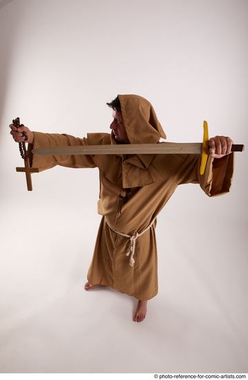 Man Adult Chubby White Fighting with sword Standing poses Coat