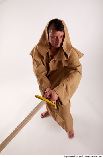 Man Adult Chubby White Fighting with sword Standing poses Coat