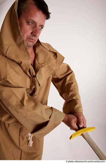 Man Adult Chubby White Fighting with sword Standing poses Coat