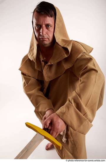 Man Adult Chubby White Fighting with sword Standing poses Coat