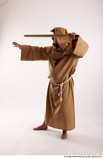 Man Adult Chubby White Fighting with sword Standing poses Coat