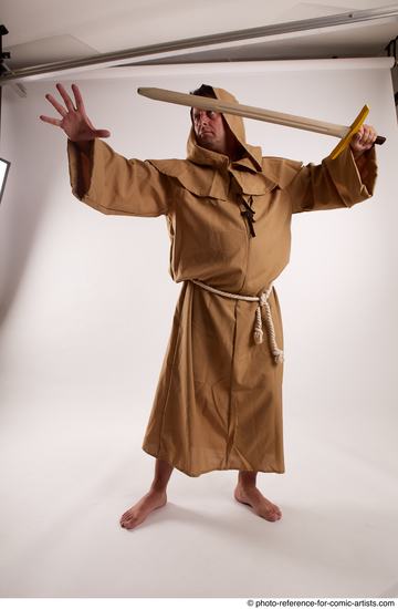 Man Adult Chubby White Fighting with sword Standing poses Coat