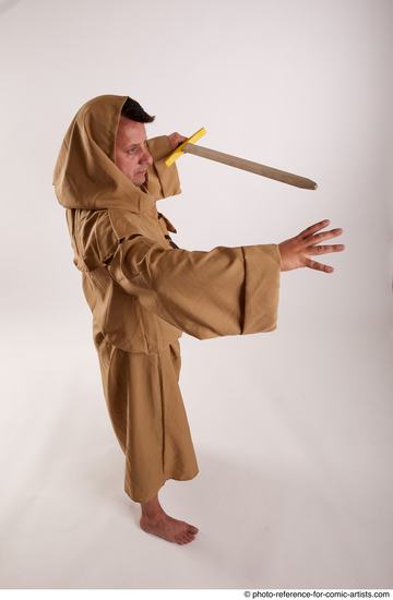 Man Adult Chubby White Fighting with sword Standing poses Coat