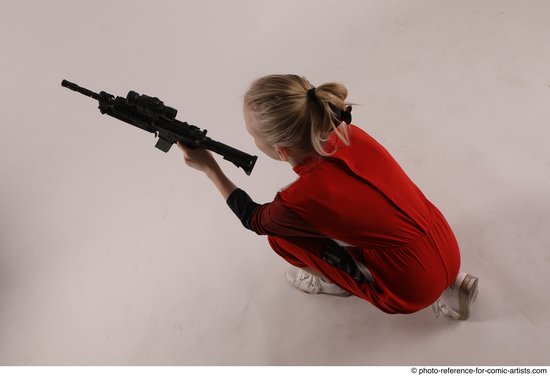 Woman Young Athletic White Fighting with gun Kneeling poses Army