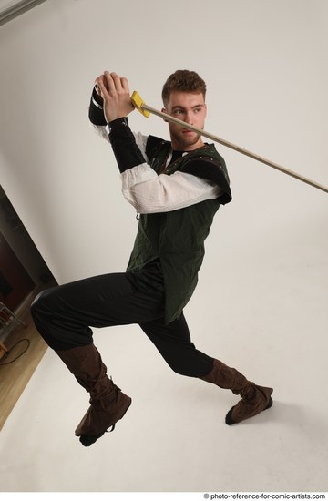 Man Adult Athletic White Fighting with sword Moving poses Casual