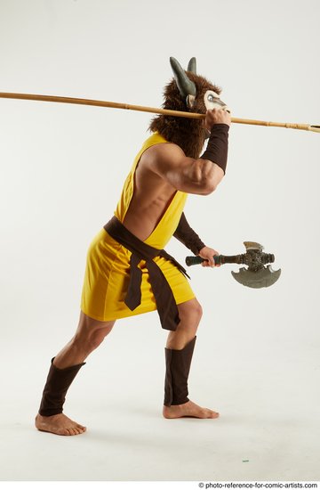 Man Adult Athletic White Fighting with spear Standing poses Coat