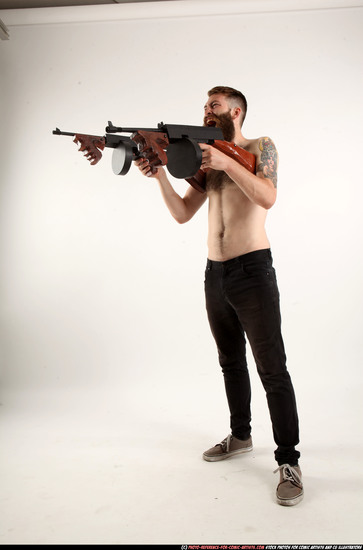 Man Adult Athletic White Fighting with submachine gun Standing poses Pants