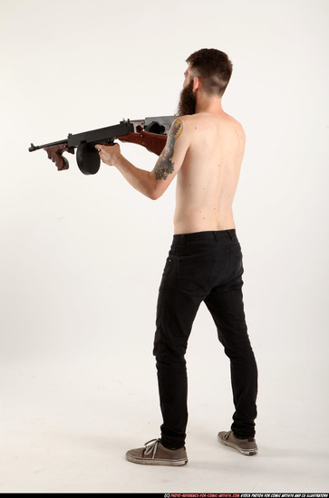 Man Adult Athletic White Fighting with submachine gun Standing poses Pants