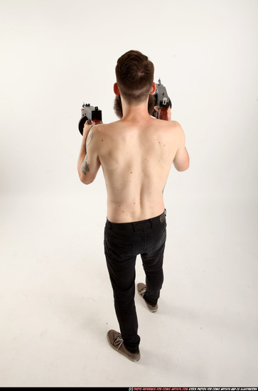 Man Adult Athletic White Fighting with submachine gun Standing poses Pants