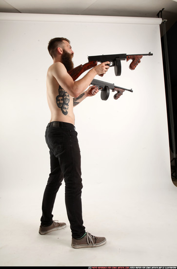 Man Adult Athletic White Fighting with submachine gun Standing poses Pants