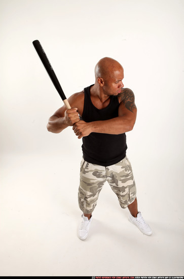 Man Adult Athletic Black Standing poses Casual Fighting with bat