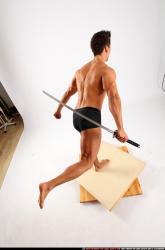 Man Adult Athletic White Fighting with sword Standing poses Underwear