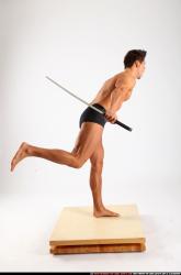 Man Adult Athletic White Fighting with sword Standing poses Underwear